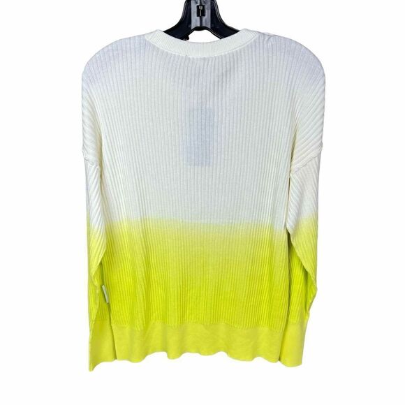 DKNY Ombre Sweater Crew Neck White Neon Yellow Green High Low Hem Large - Picture 2 of 14